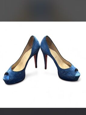 Christian Louboutin Blue Peep-Toe Python Platform Pumps